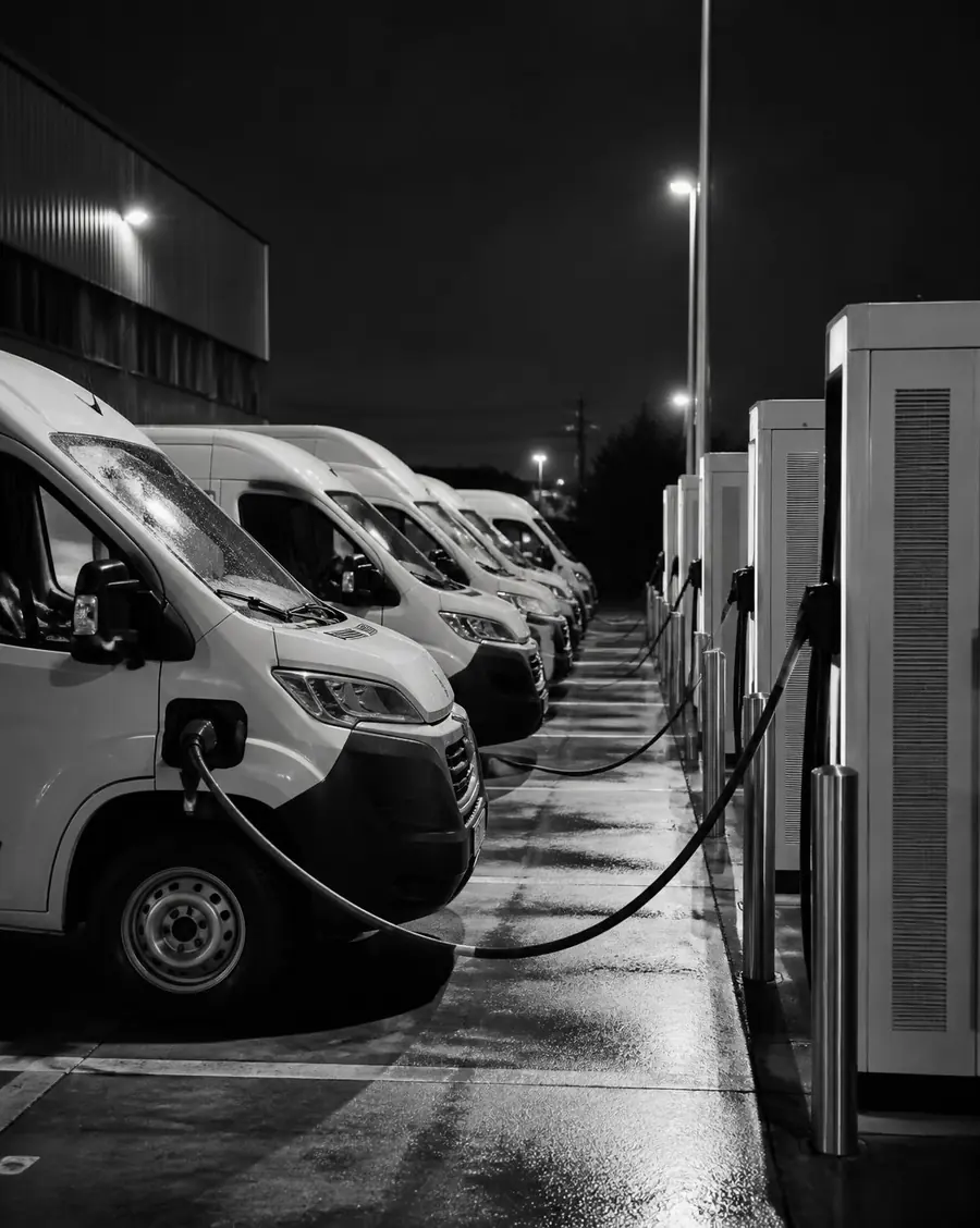 Electric vans charging at a fleet depot at night